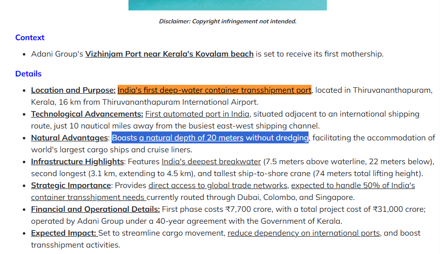 All the statements of Vizhinjam International Seaport Question were directly from this current affairs article of IASGYAN. 